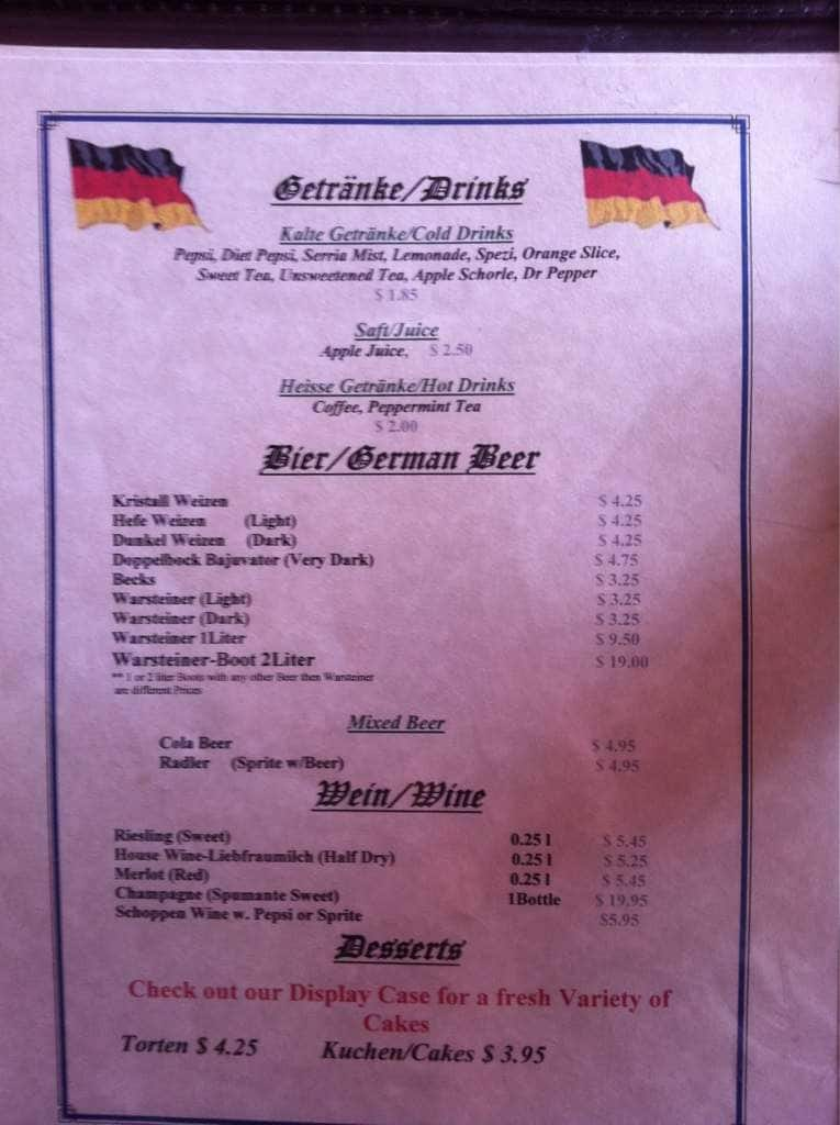 Menu at Rosenhof German Restaurant, Hinesville