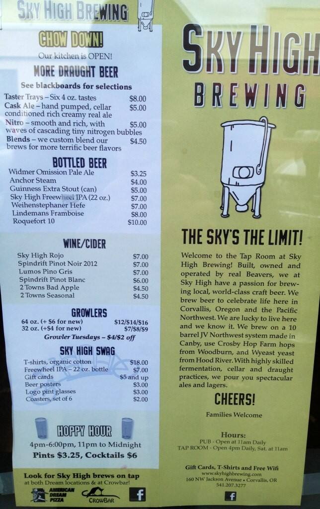 Menu at Sky High Brewing pub & bar, Corvallis