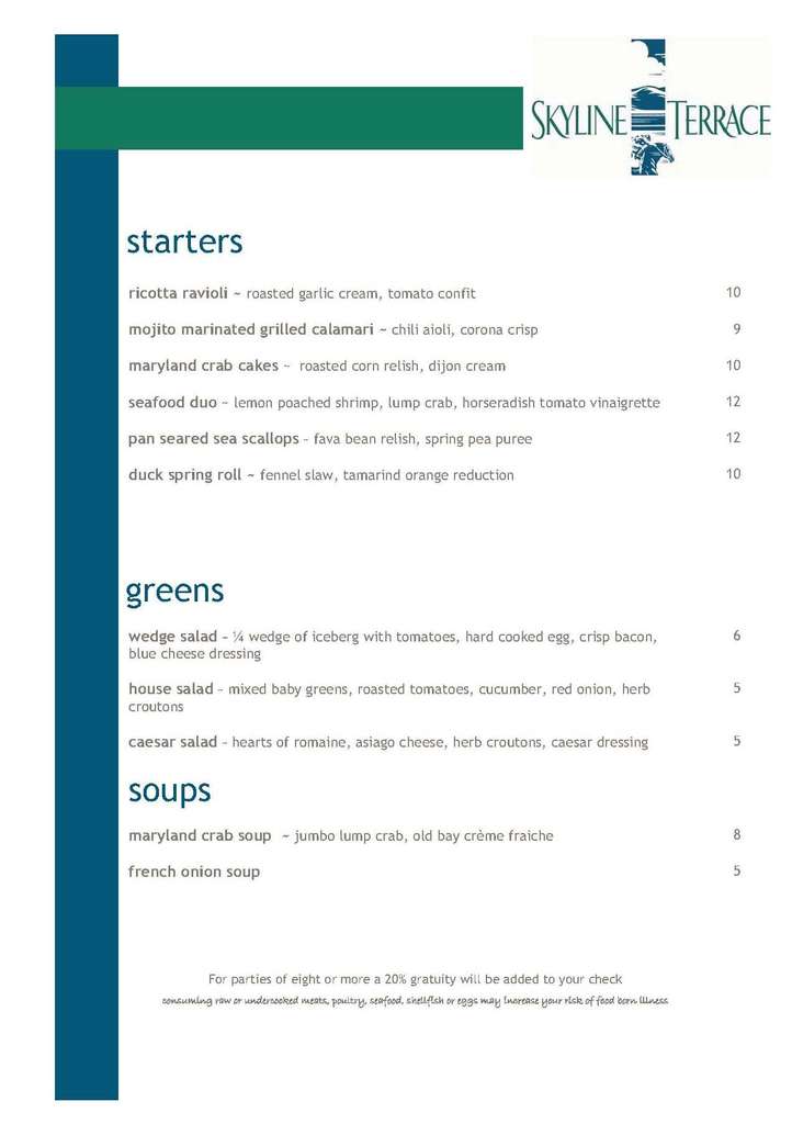 Menu at Skyline Terrace restaurant, Charles Town