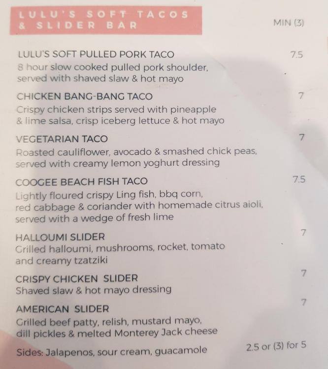 Lulu's Coogee Beach Menu, Menu for Lulu's Coogee Beach, Coogee, Sydney