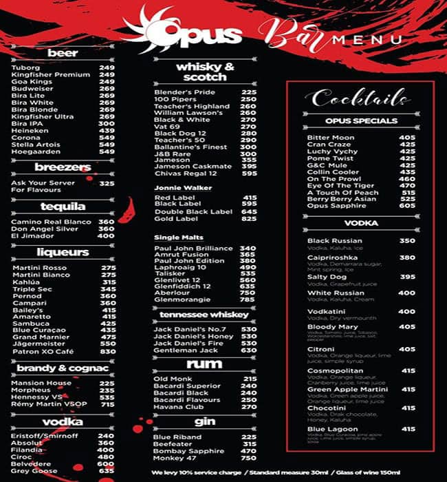 Menu of OPUS Club, Sarjapur Road, Bangalore