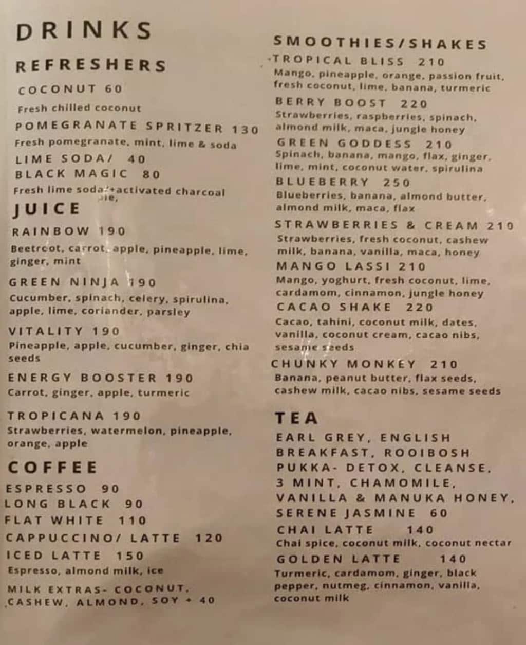 Menu of Zest Cafe, Palolem, Goa