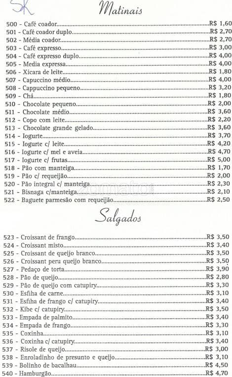 Padaria SK cardápio