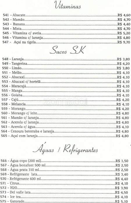 Padaria SK cardápio