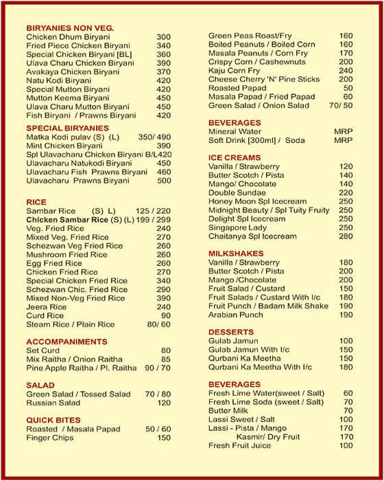 Menu at Chaitanya Food Court, Hyderabad, MIG 25-26