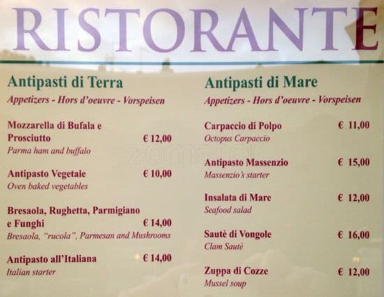 Menu de Ristorante Massenzio Ai Fori