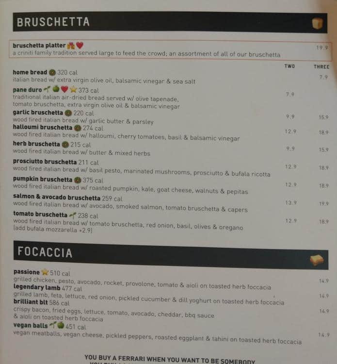 Menu at Criniti's Castle Hill restaurant, Castle Hill