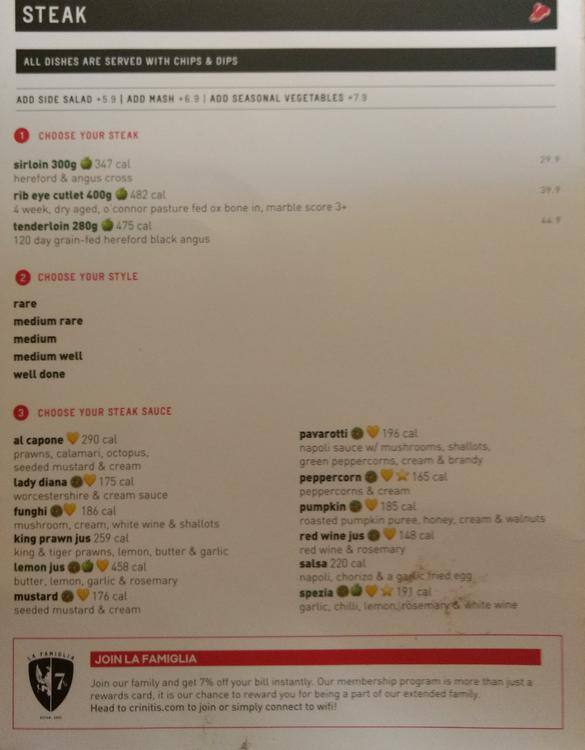 Menu at Criniti's Castle Hill restaurant, Castle Hill