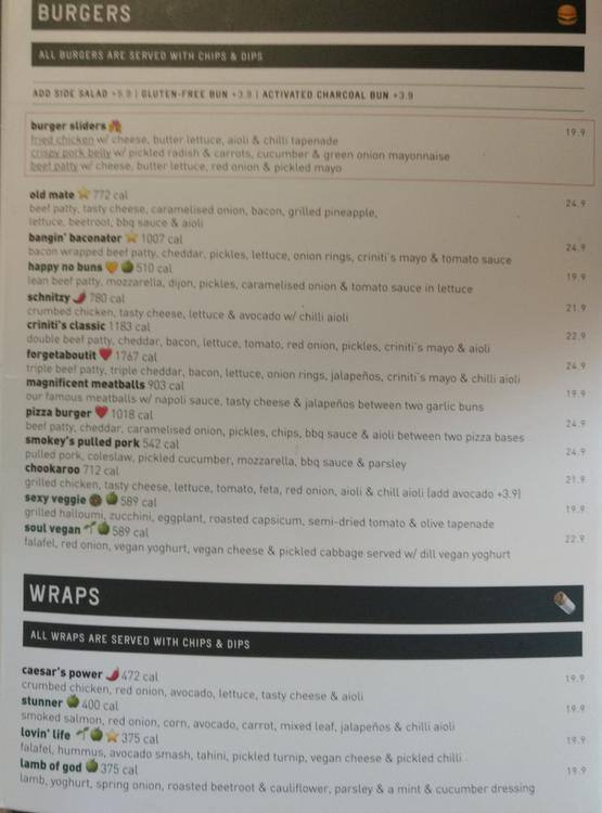 Menu at Criniti's Castle Hill restaurant, Castle Hill