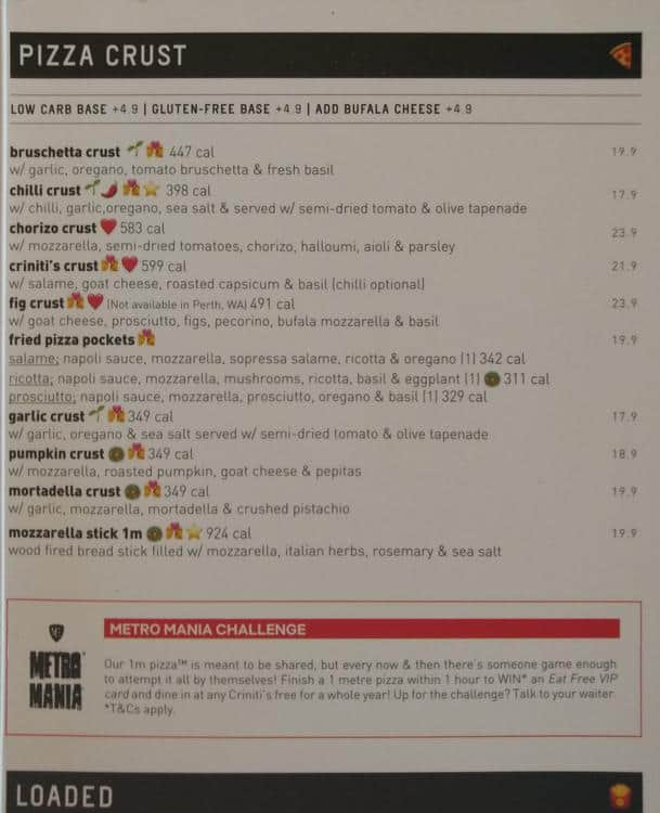 Menu at Criniti's Castle Hill restaurant, Castle Hill