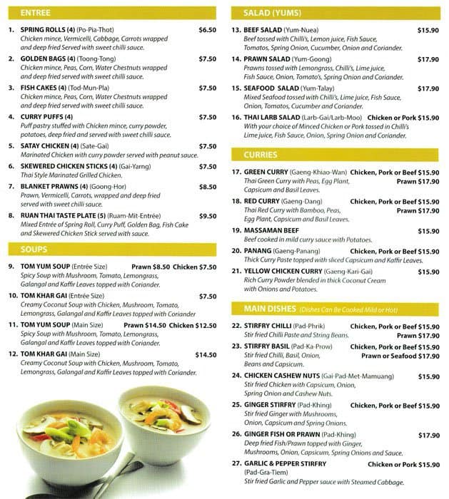 Menu at Ruan Thai restaurant, Duncraig