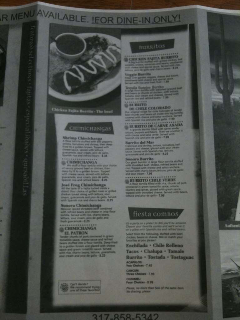 Menu at Tequila Sunrise restaurant, Brownsburg, N Green St