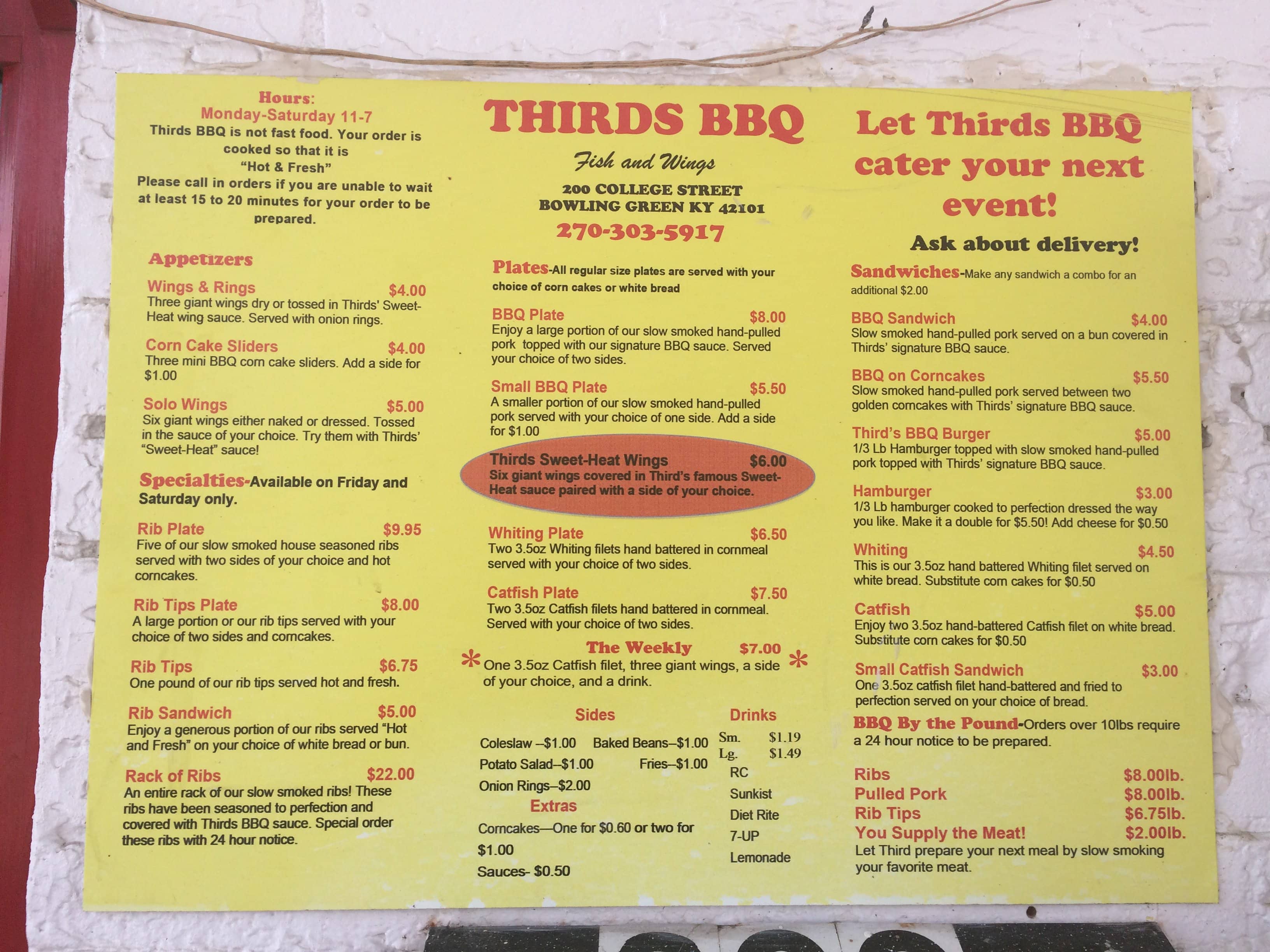 Menu at Third's BBQ, Bowling Green
