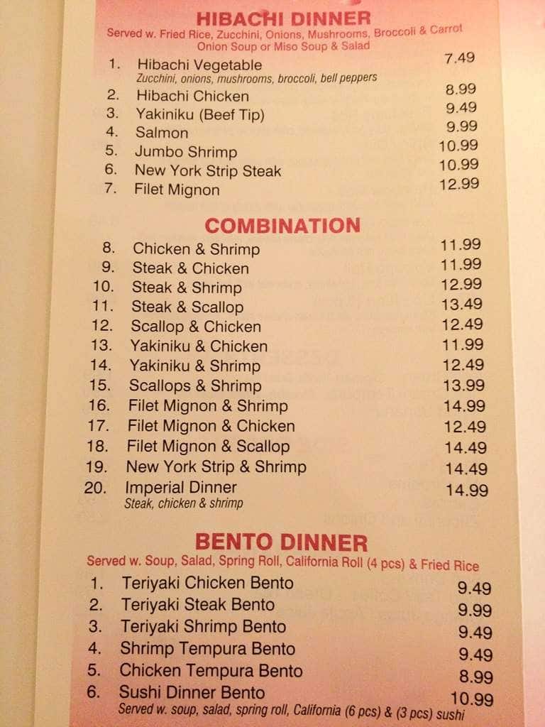 Menu at Yamato Steakhouse, Pascagoula