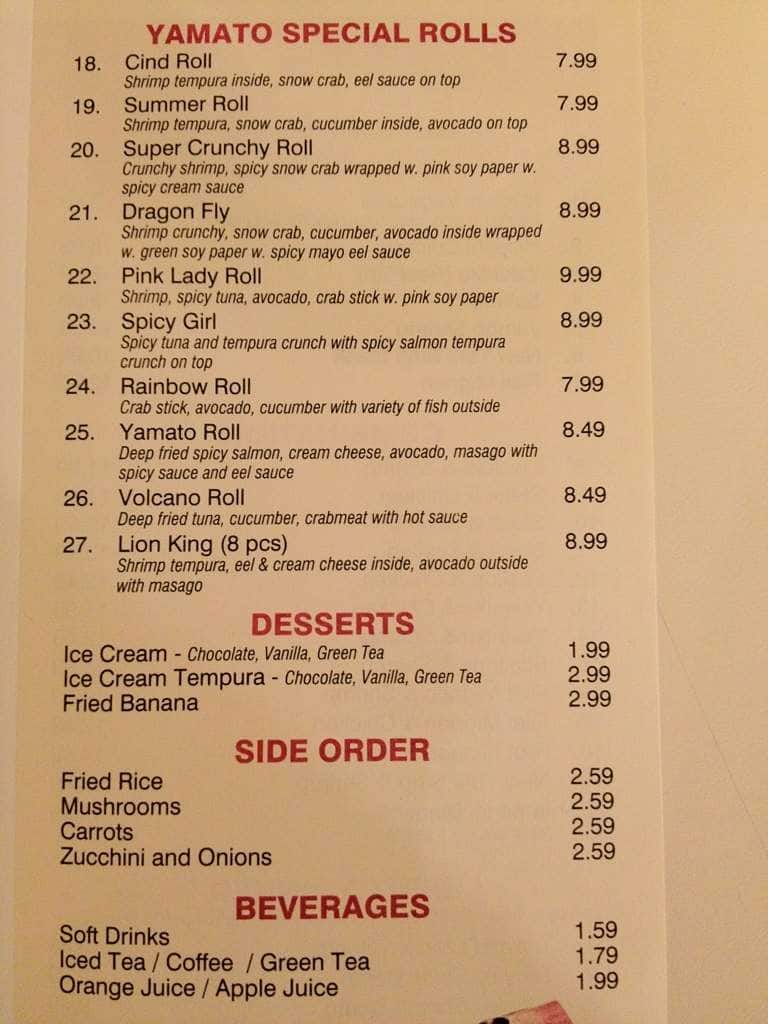 Menu at Yamato Steakhouse, Pascagoula