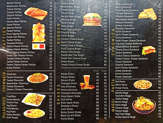 Menu of Ambey Burger & Sandwich, Rangbari, Kota