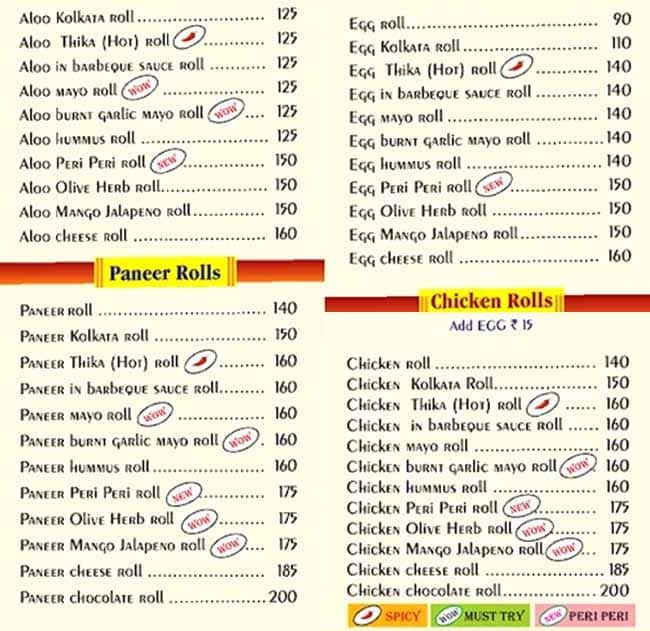 Menu of K K Rolls, Lower Parel, Mumbai
