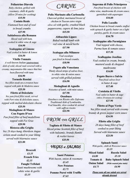 Menu at Signor Sassi restaurant, London