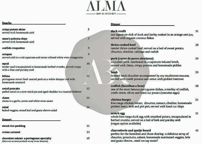 Alma Menu, Menu for Alma, Darlinghurst, Sydney - Urbanspoon/Zomato