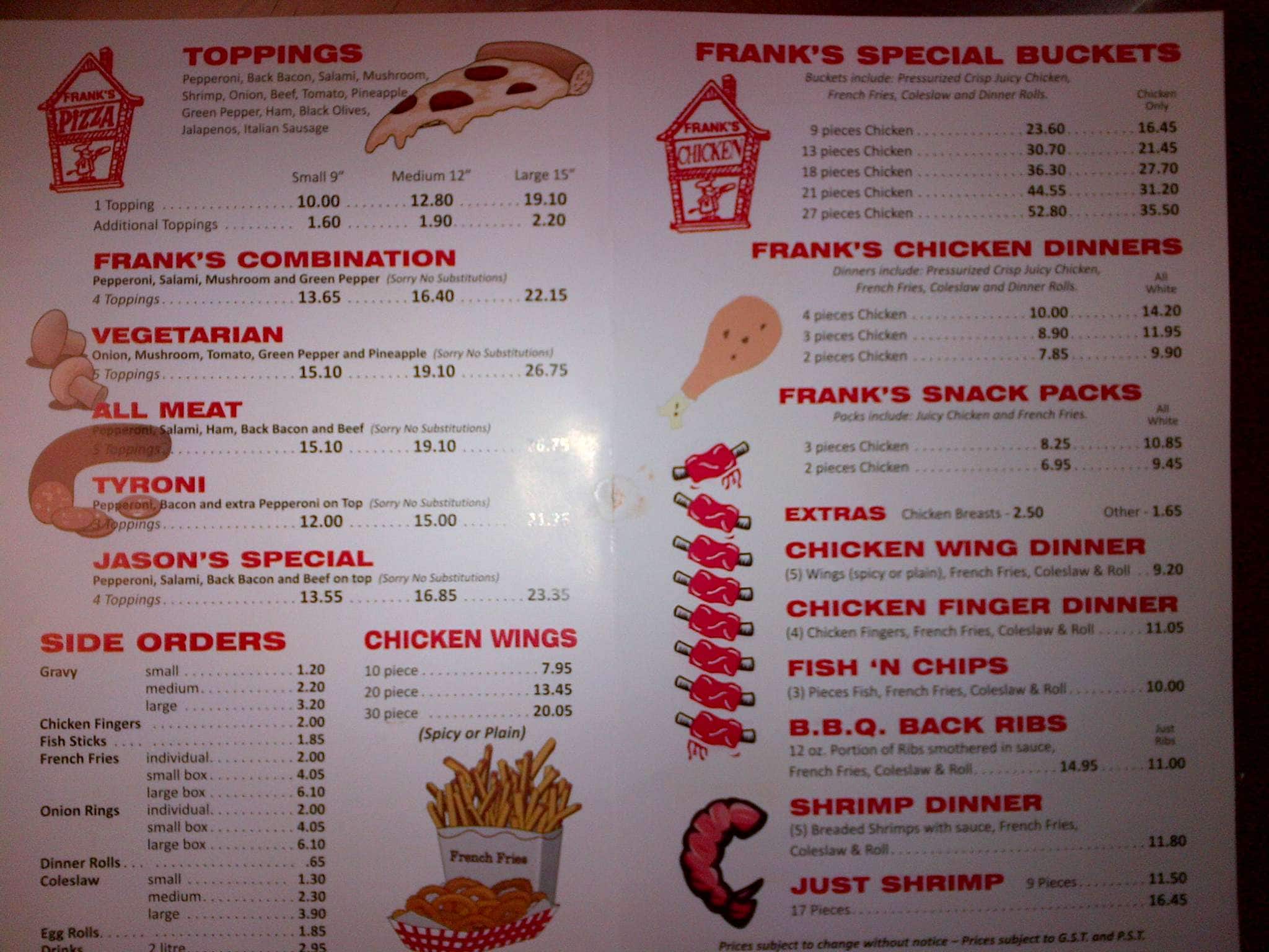 Menu at Frank's Pizza pizzeria, Winnipeg, Main St