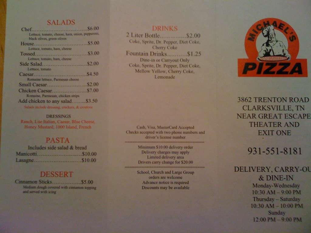 Menu at Michael's Pizza pizzeria, Clarksville, Trenton Rd