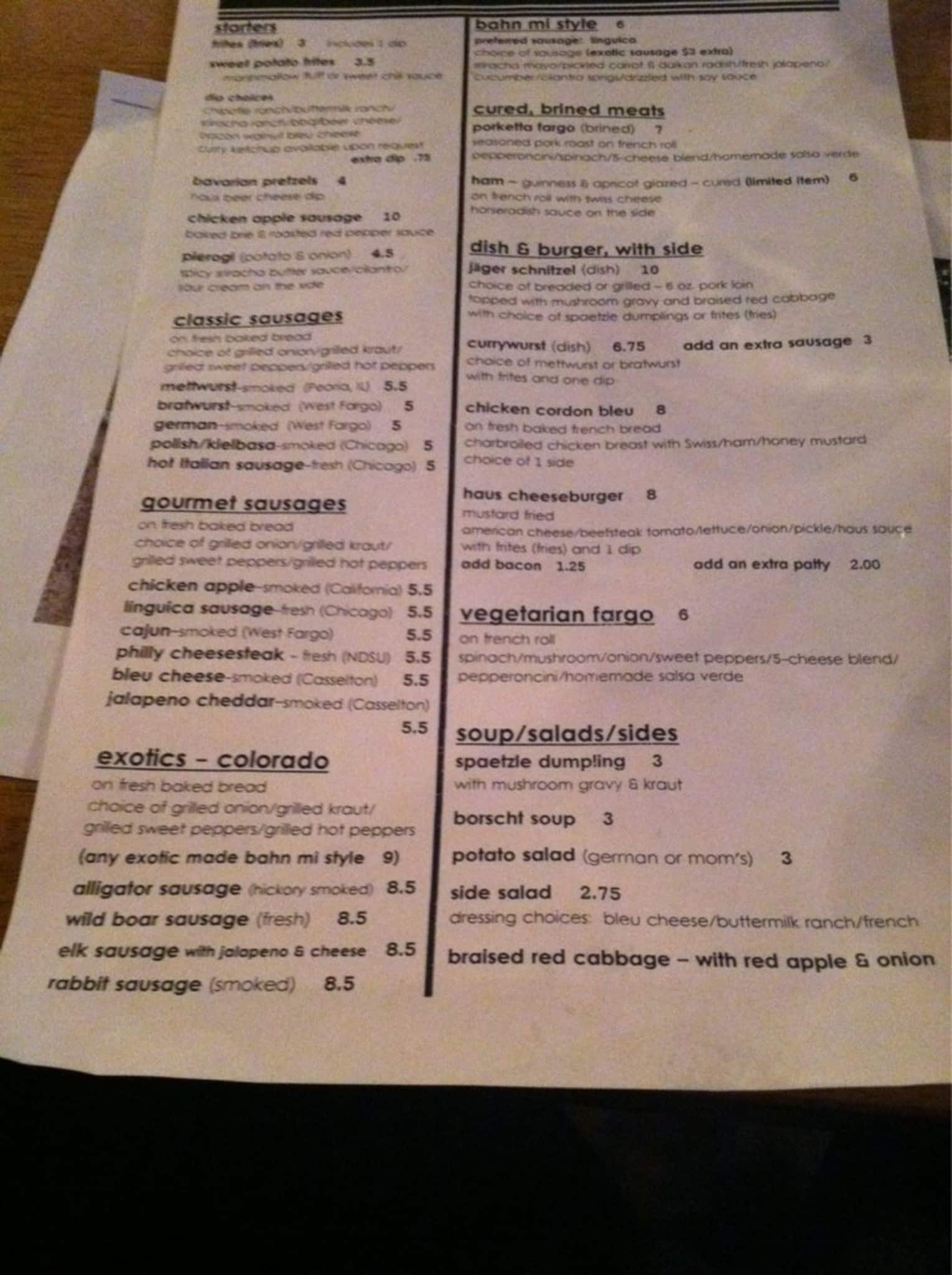 Wurst Bier Hall Menu, Menu for Wurst Bier Hall, Fargo, Fargo