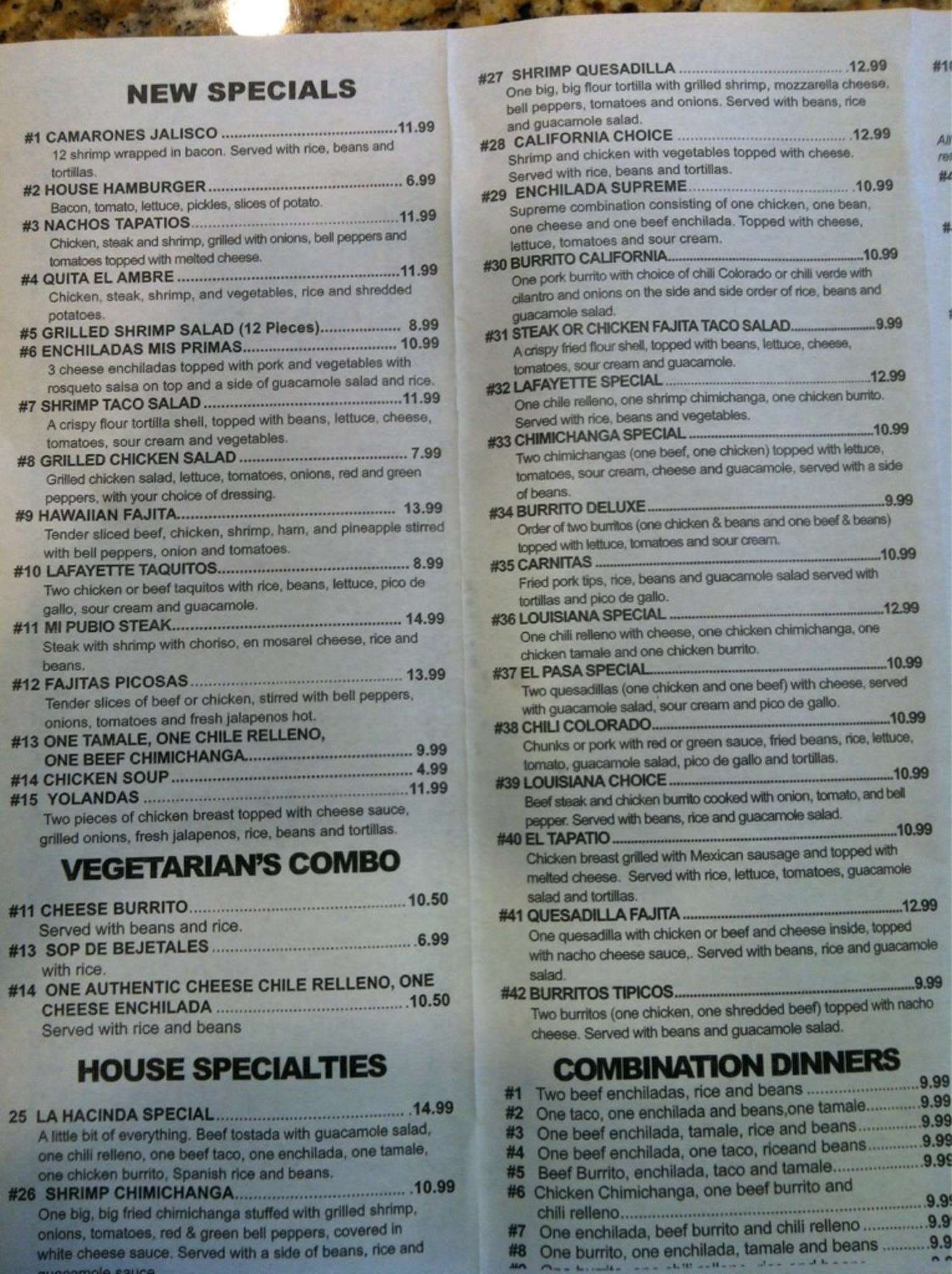 Menu at La Hacienda restaurant, Broussard