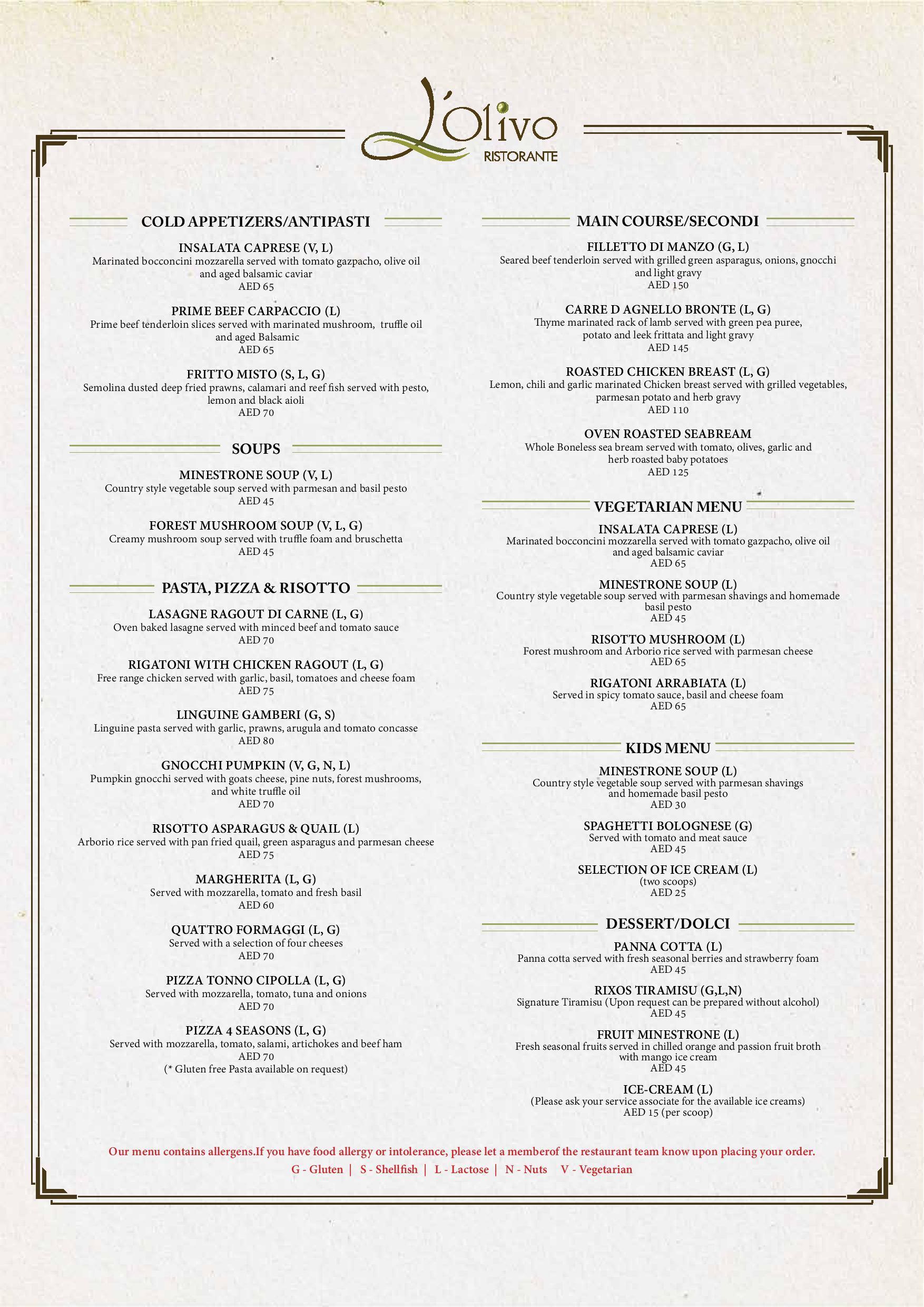 L Olivo Rixos Bab Al Bahr Menu