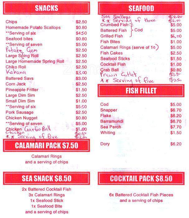 Zillmere Seafoods Menu, Menu for Zillmere Seafoods, Boondall, Brisbane