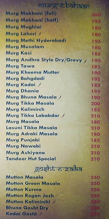 Tandoor Hut menu