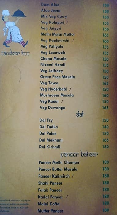 Tandoor Hut menu