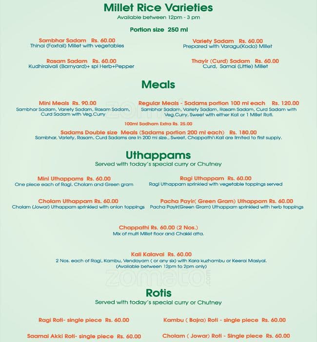 Prems Graama Bhojanam, Adyar Menu