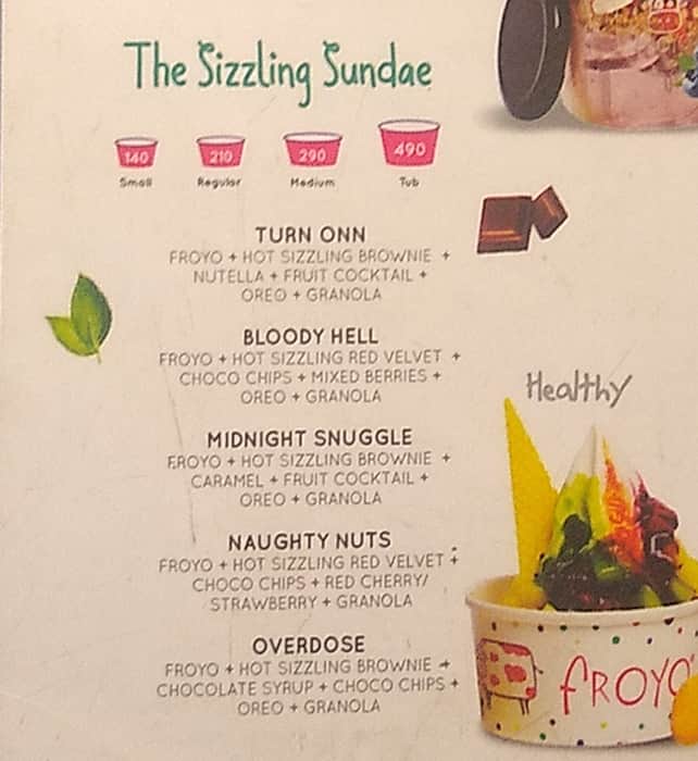 Menu of FROYO Frozen Yogurt & Treats, Sector 8, Chandigarh