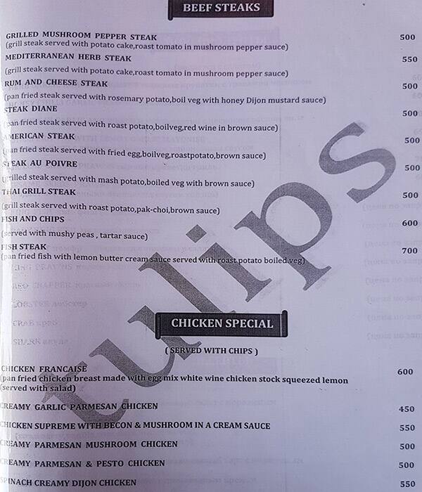 Tulips Bar and Restaurant menu