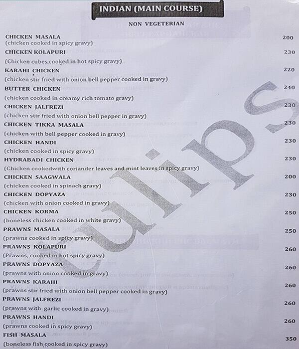 Tulips Bar and Restaurant menu