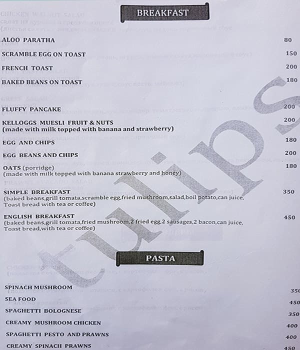 Tulips Bar and Restaurant menu
