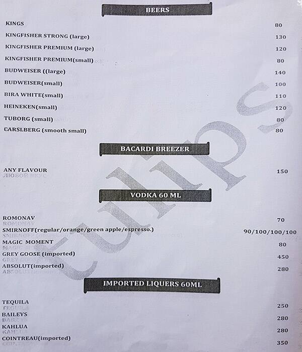 Tulips Bar and Restaurant menu