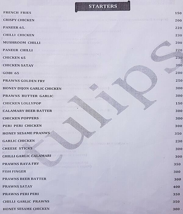 Tulips Bar and Restaurant menu