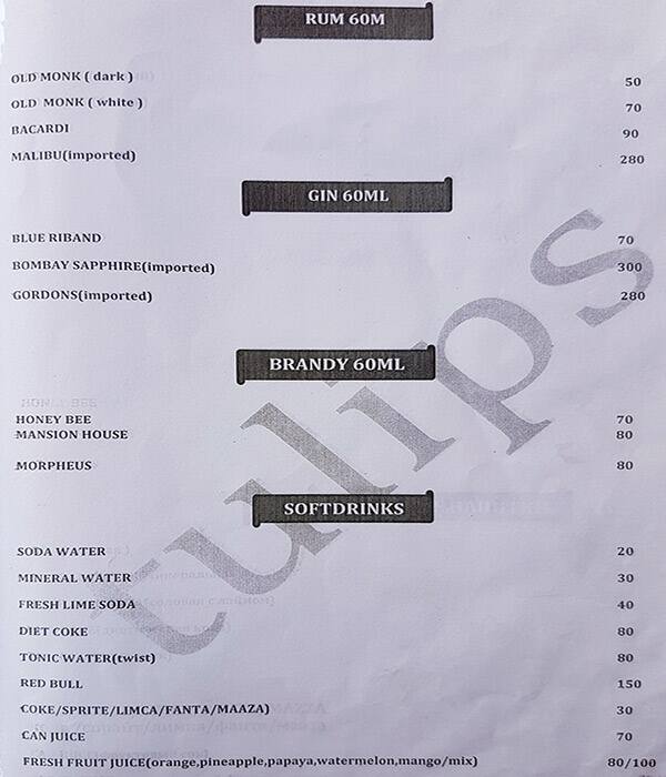 Tulips Bar and Restaurant menu