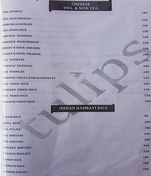 Tulips Bar and Restaurant menu