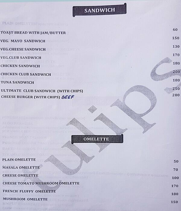 Tulips Bar and Restaurant menu