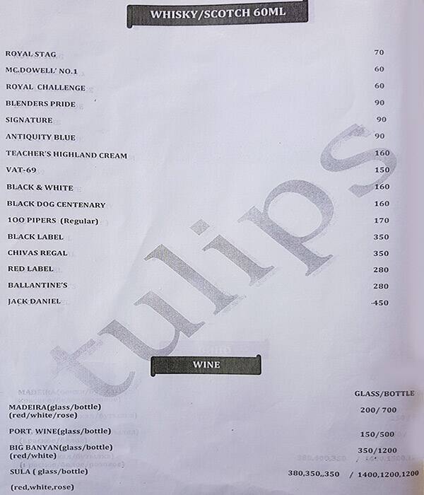 Tulips Bar and Restaurant menu