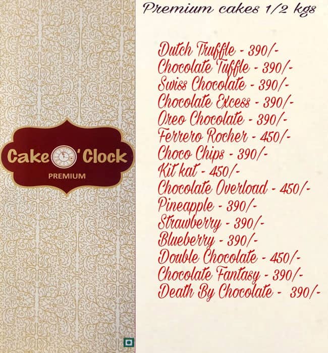 Cake O Clock (Closed Down) Menu, Rohini Sector 24, Delhi - Updated 2023 -  Food Menu Card - Justdial