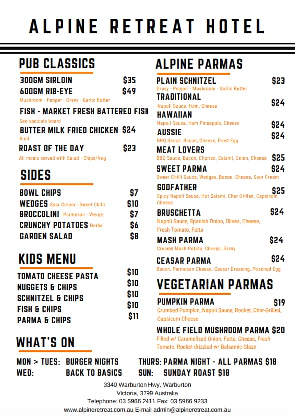 Menu at Alpine Retreat Hotel pub & bar, Warburton