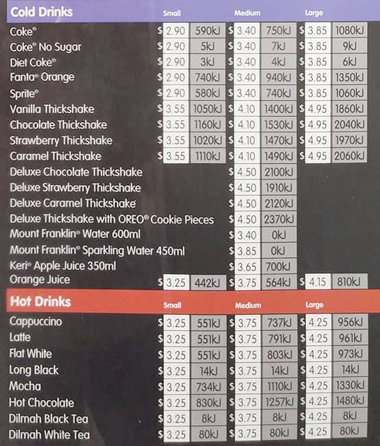 Menu at Hungry Jack's, Wantirna South