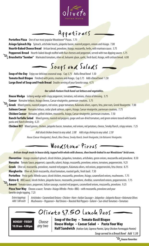 Oliveto Italian Bistro Menu, Menu for Oliveto Italian Bistro, Woodland