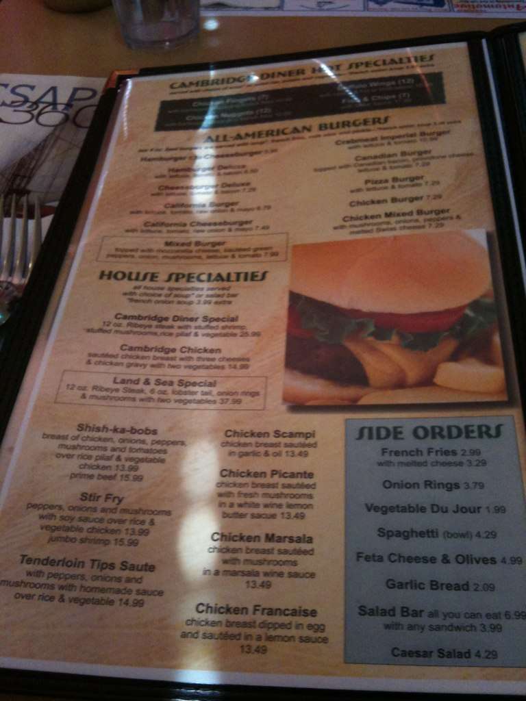 Menu at Cambridge Diner restaurant, Cambridge