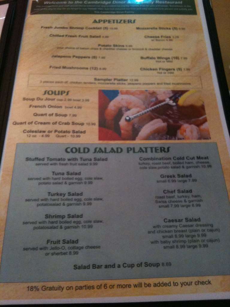 Menu at Cambridge Diner restaurant, Cambridge