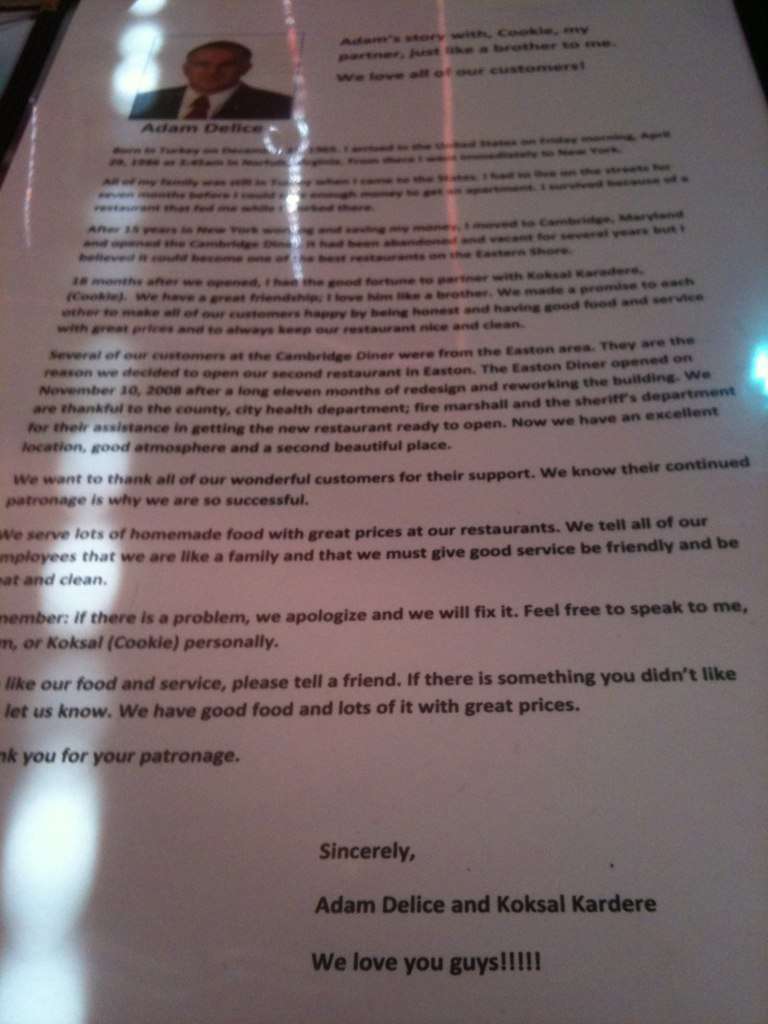 Menu at Cambridge Diner restaurant, Cambridge