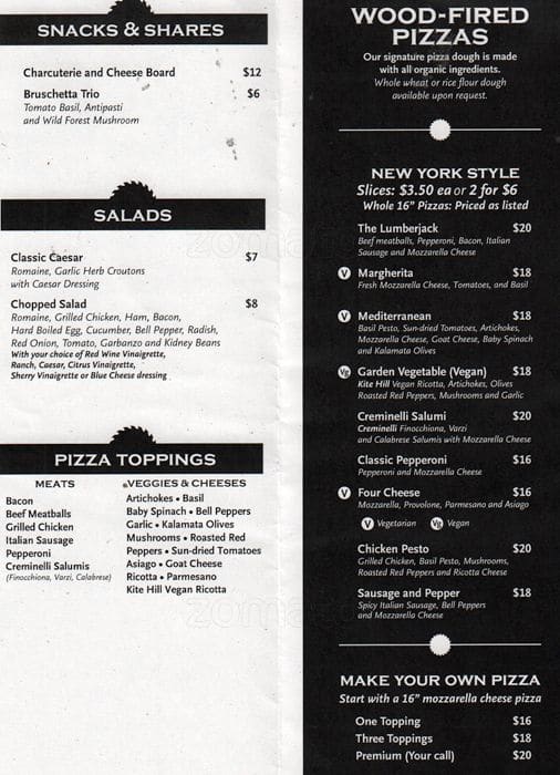 Menu at The Lumberyard pizzeria, University Place
